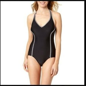 Catalina Women’s Nautical Pin Stripe Black One-Piece Halter Swimsuit Size Small